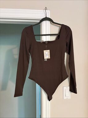 RD Style Second Skin Long-Sleeve Square Neck Brown Bodysuit